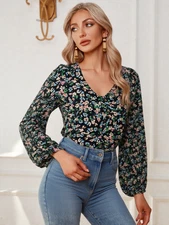 M&S Top Blouse Floral Long Sleeve V-neck soft Marks & Spencer Blouse Size 16