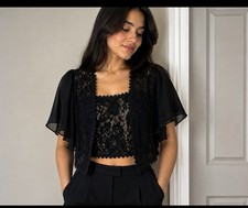 Meiyefashion Women Black Lace Open Front Bolero Shrug Sheer Chiffon Flutter