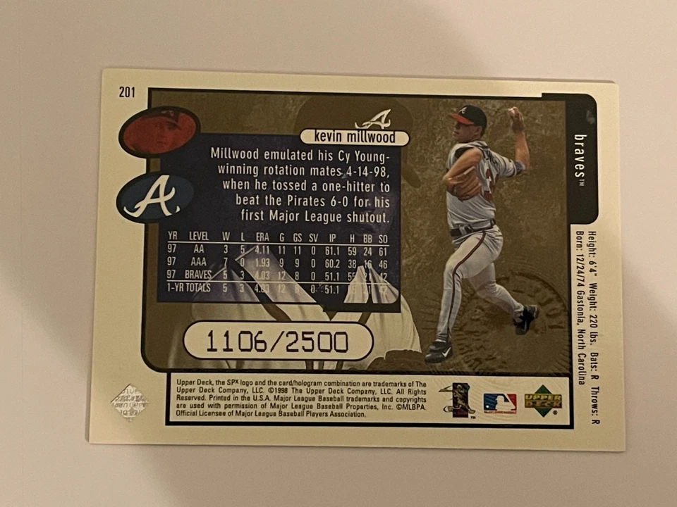 1998 Upper Deck SPx Finite Kevin Millwood Youth Movement Rookie /2500 #201 - Image 2 of 2