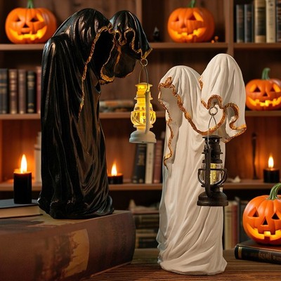 Ghost Halloween Wizard Ornament with Lantern Cracker Barrel Ghost Lantern Statue