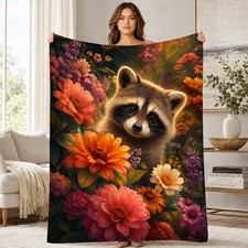 Floral Raccoon Coral Fleece Blanket Woodland Animal Botanical Decor