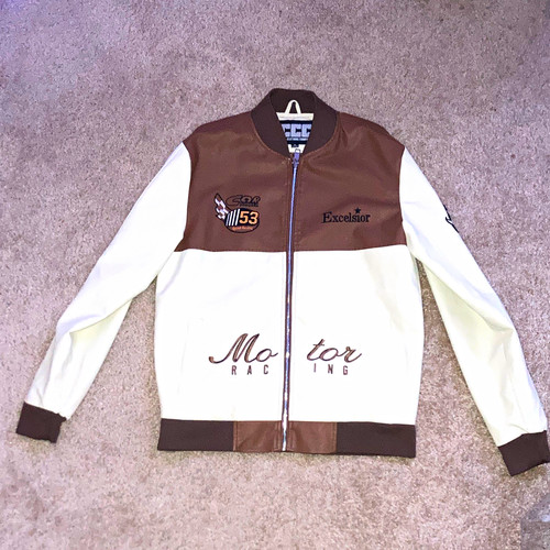 Chor Clothing Company Men’s Motor Racing Full Zip Bomber Jacket Brown/White M