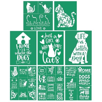 Cat and Dog Theme Silk Screen Stencil 8pcs, Pet Animals Bundle Chalk Mesh Tra...