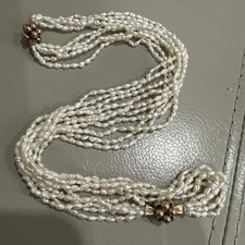 Vintage 5 Strand Freshwater Rice Pearl Torsade Necklace Gold Tone Spacers 32