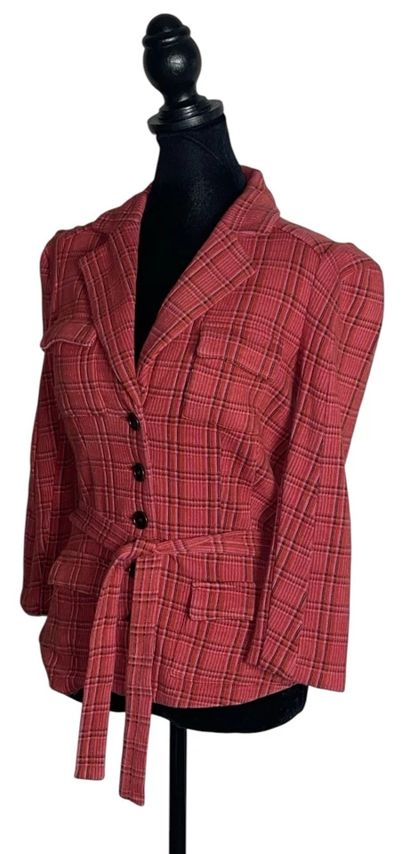 Jaqueta xadrez feminina Diane Von Furstenberg 4 vermelha malha gravata curta slim fit blazer - Imagem 3 de 4