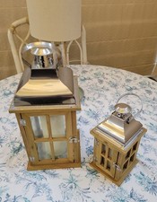 TWO Wood & Glass Hurricane Lamp Candle Holders 40 & 27cm Tall For Home & Garden