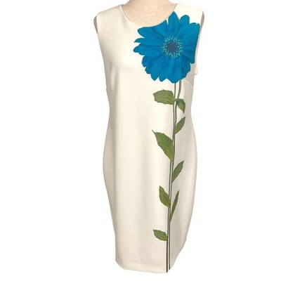 Calvin Klein Dress Womens 14 White Teal Statement Zinnia Flower Classic Sheath