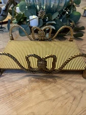Mid Century Hollywood Regency Guest Towel Holder W/Bow & Tassel Gold-5”x9”x3”