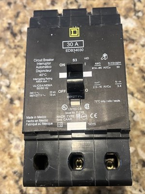 Square D EDB34030 Circuit Breaker 30A 3-Pole 480VAC, Used, Free Ship 
