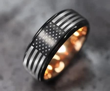 Black/Rose Gold Unisex Adult Tungsten American Flag Patriotic Wedding Ring - 8mm