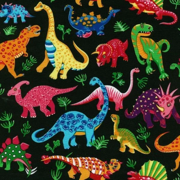 Fat Quarter Dinosaurier Tanz auf schwarzem Baumwoll-Steppstoff Nutex