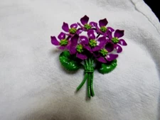 Vintage Large Pin Enamel Purple Violets Bouquet Great!