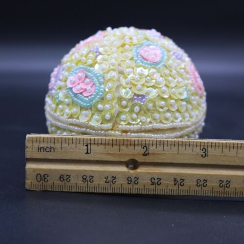 VTG Beaded Sequins Easter Egg Trinket/Gift/Candy Box Pastel Pink Yellow 5" x 3" - Picture 9 of 11