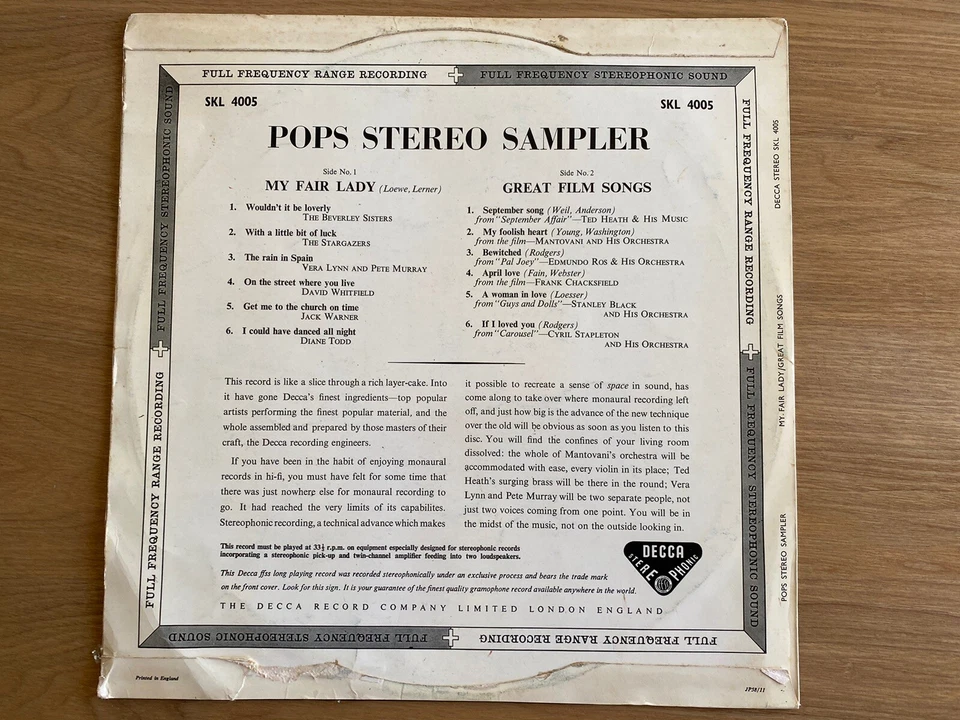POPS STEREO SAMPLER MY FAIR LADY GREAT FILM SONGS ORIGINAL 1958 STEREO DECCA LP - Image 2 of 4