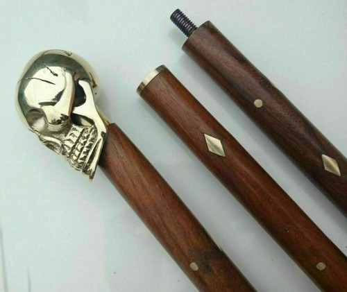 Antique Walking Cane Wooden Stick Brass Skull Head Handle Vintage Knob Cane Gift - Picture 5 of 9