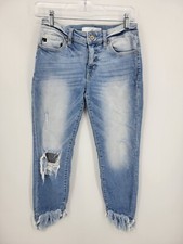 KanCan Jeans Womens 3/25 Light Faded Wash Distressed Cropped Blue Denim
