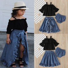 3Pcs Kids Toddler Little Girl Off Shoulder Tops Denim Shorts Ruffle Skirt Set