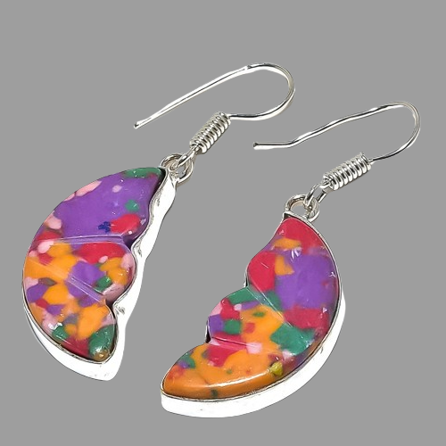 Xmas Mosaic Balloon Turquoise Gemstone 925 Sterling Silver Earring 1.7" j949 - Picture 3 of 7