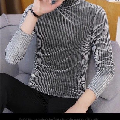 Men Striped Blouse Velvet Shirts T-shirts Turtle Neck Tops Pullover Basic Shirts