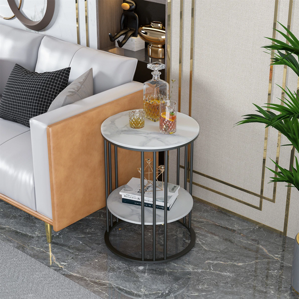 WISFOR Tall End Side Table Sintered Stone Accent Table Living Room Coffee Snacks