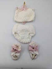 Unicorn Infant Baby Knit/Crocheted White Pink Bloomers Hat/Booties