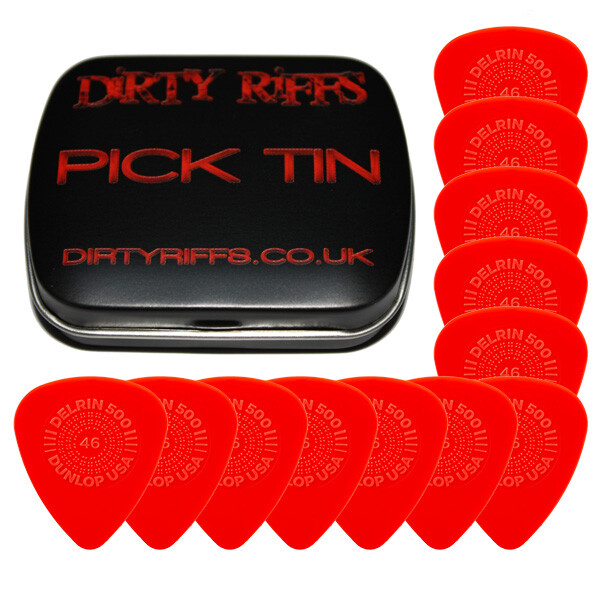 12 x Dunlop Delrin Prime Grip Guitar Picks / Plectrums 0.46mm Red In A Pick Tin