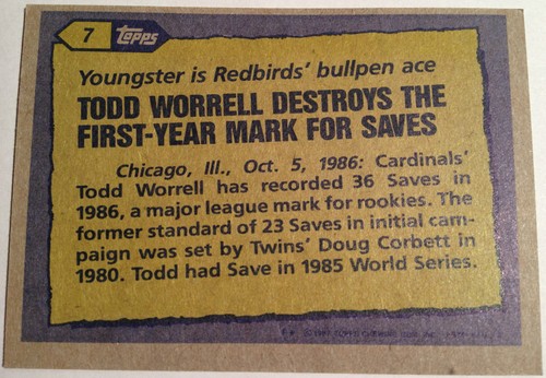 1987 Topps #7 Todd Worrell Baseball Card - Picture 2 of 2