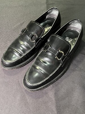 SALVATORE FERRAGAMO BLACK SLIP ON GANCINI LOAFERS