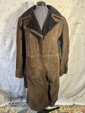 Brown suede trench coat with sheepskin fur collar, featuring a boho western