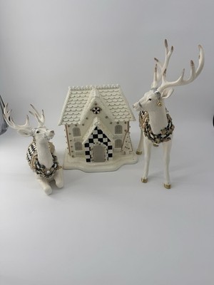 Mackenzie-Childs Gingerbread House and 2 Deer Holiday Figurines Christmas Decor