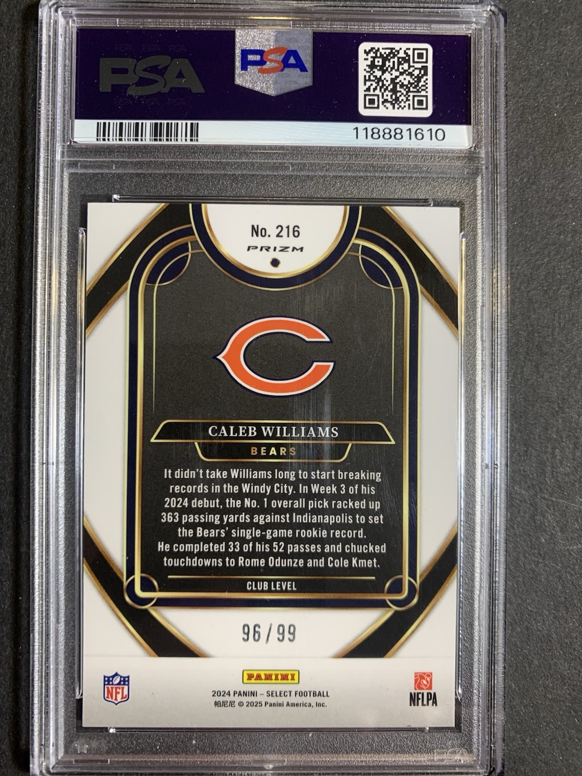2024 Panini Select Club Level Caleb Williams #216 Blue Prizm /99 (RC) PSA 10 GEM view 3