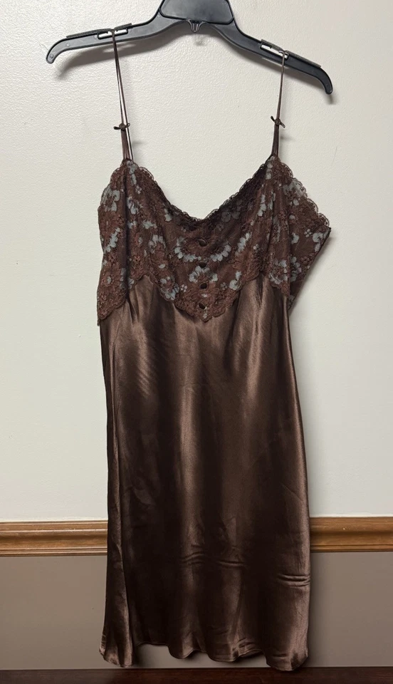 Camisón Vestido Cabernet Marrón Satinado Encaje Talla L Y2K Foto 2 de 4