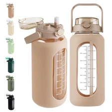 64oz Glass Water Bottle With Straw And Handle Lid Half Gallon Motivational Glass