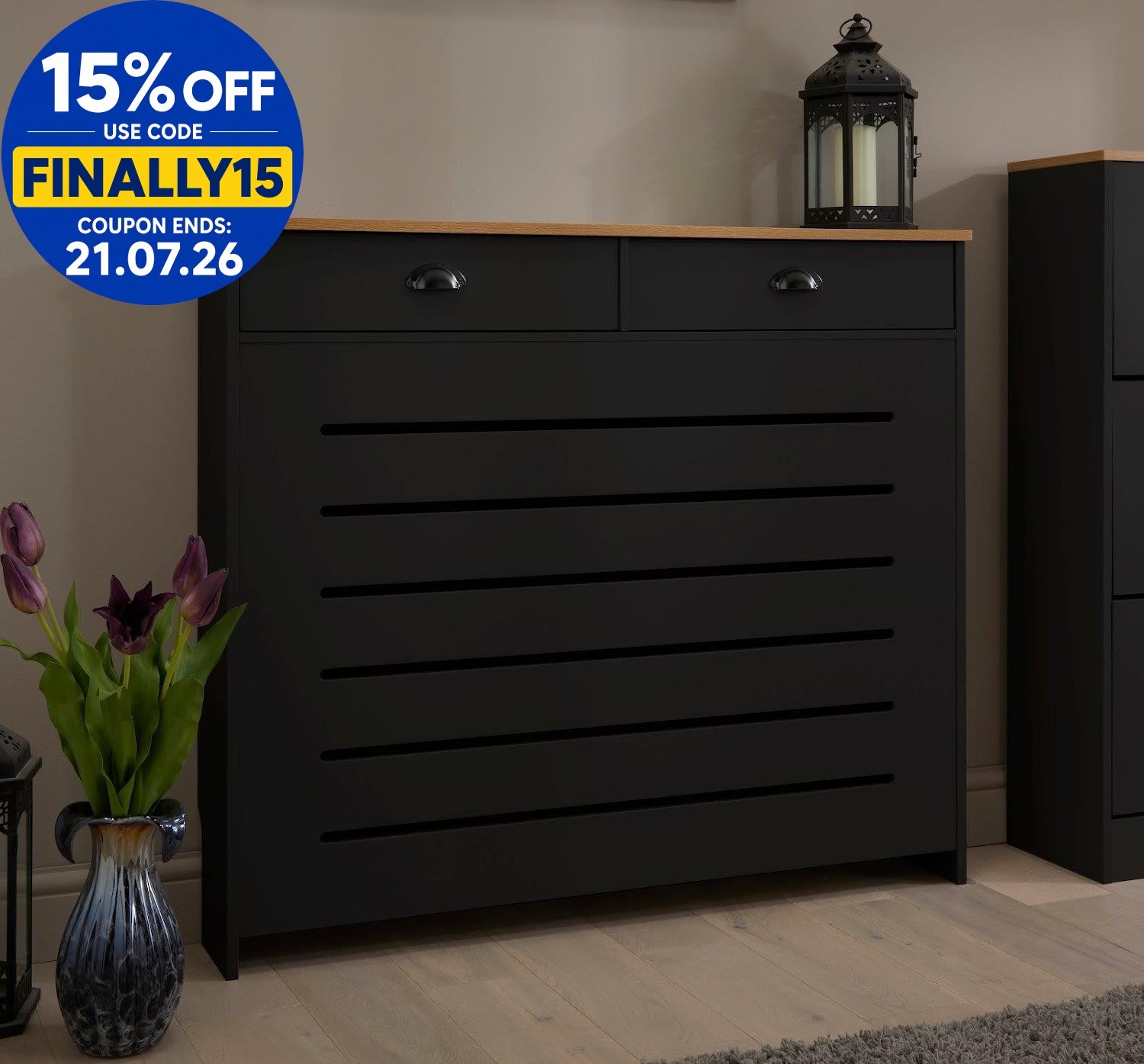 Black Radiator Cover Cabinet Traditional Modern MDF Wood Horizontal Shelf Medium