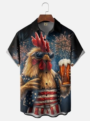 American Flag Rooster Beer Chest Pocket Casual Shirt