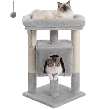 Small Cat Tree Tower with Natural Sisal Scratching Posts Soft Top Perch and Plus