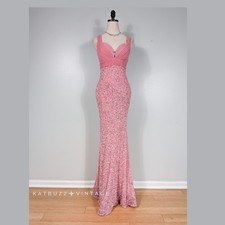 Vintage Scala Prom Dress Maxi Gown S Pink Silk Princess Y2K Glam Sequin Pageant