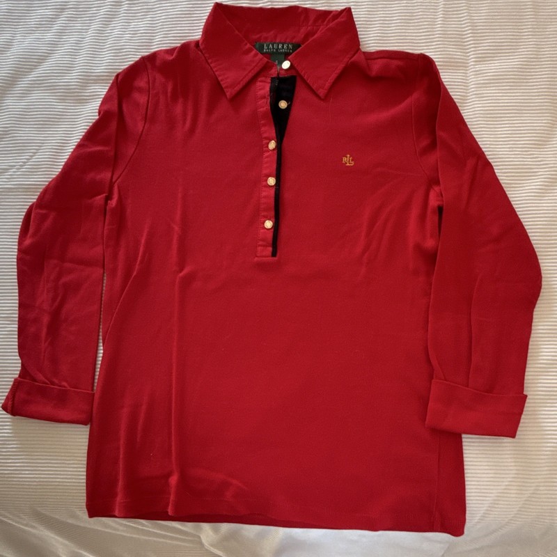Lauren Ralph Lauren Women's Red Cotton Knit Collared Long Sleeve Polo Shirt S