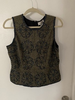 Paradise NY  Women's 100% Silk Beaded Sleeveless  blouse Top Size L