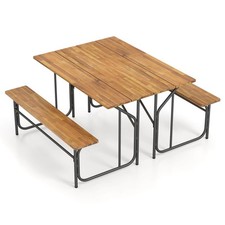 2PCS Table Bench Set for 2 Picnic Table Loveseat w/Acacia Wood Top Metal Legs