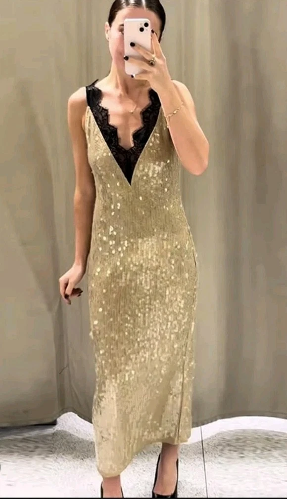 black gold sequin wrap dress Sequin Angel Sleeve Ruffle Hem Maxi Dress, Black Gold – Jolie Moi Retail main image 0