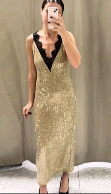Zara Maxikleid Gold Metallic Strick Pailletten, UK Größe L Wimpern Spitze V-Ausschnitt gefüttert