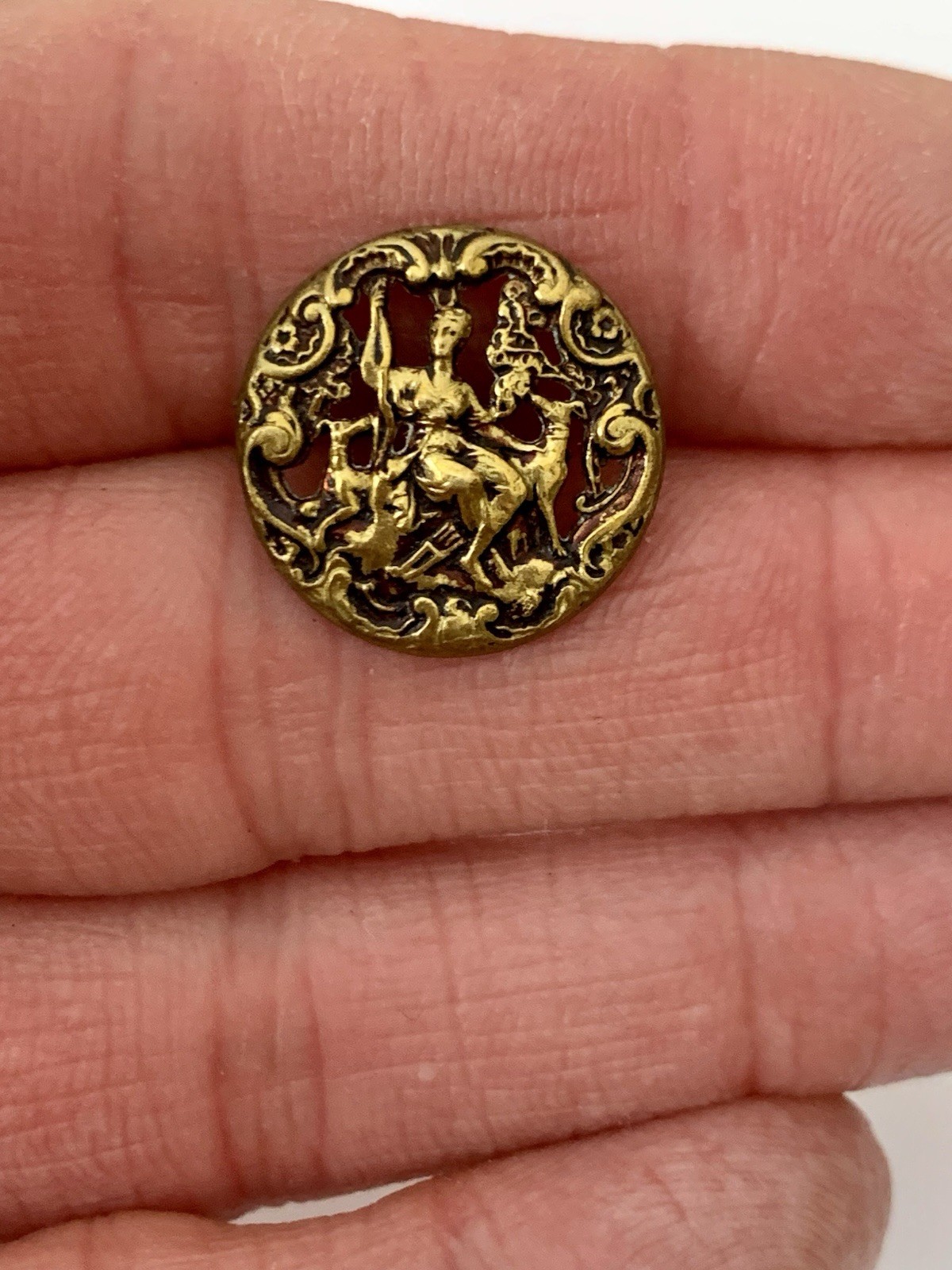 Antique Open Work Brass Victorian Button Artemis With Dogs Intricate Scrollwork