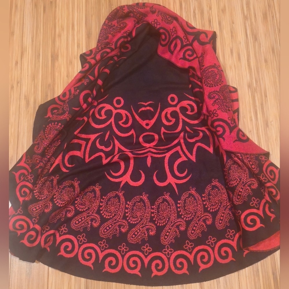 Red and Black Patterned Sweater Jacket / Shawl - image 4