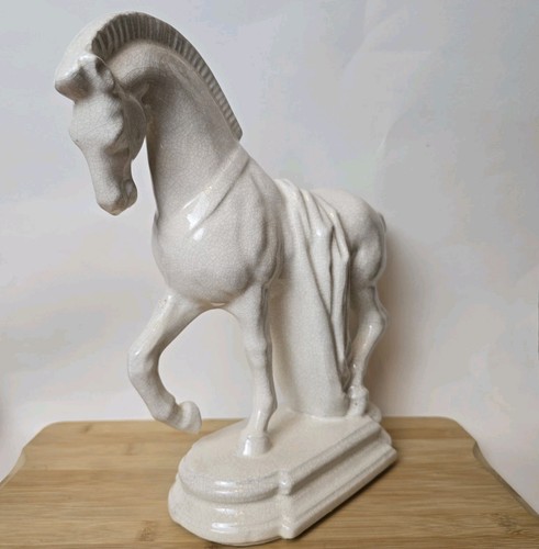 Vintage Ceramic Trojan Horse Statue Figurine Ivory Crackle Equestrian Decor 13" - Picture 2 of 24