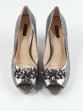 Alex Marie Women Size 8 Heels Shoes Open Toe Silver Metallic Evening Embellished