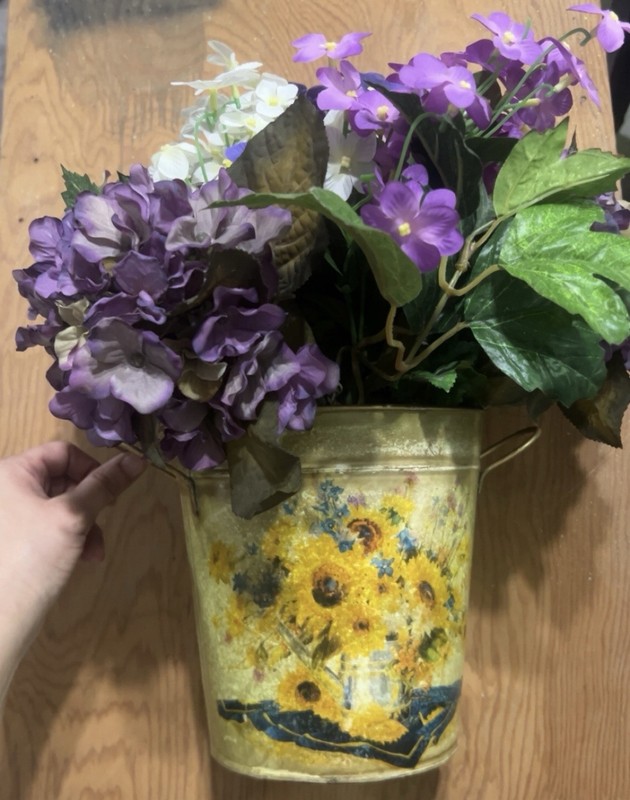 Vintage Artificial Mixed Flowers Arrangement in Sunflower Metal Bucket