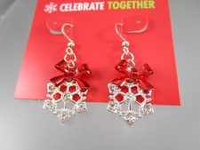 New CELEBRATE Clear Rhinestones Winter Snowflakes Red Bow Hook Earrings 197K