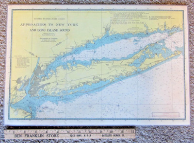 Vtg NEW YORK LONG ISLAND NAUTICAL Projection MAP Fishing Laminated 17.5 x 11.5 