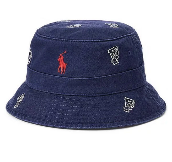 Polo Ralph Lauren Bucket Hat, Navy Multi Red Embroidered Pony P-Wing, Large